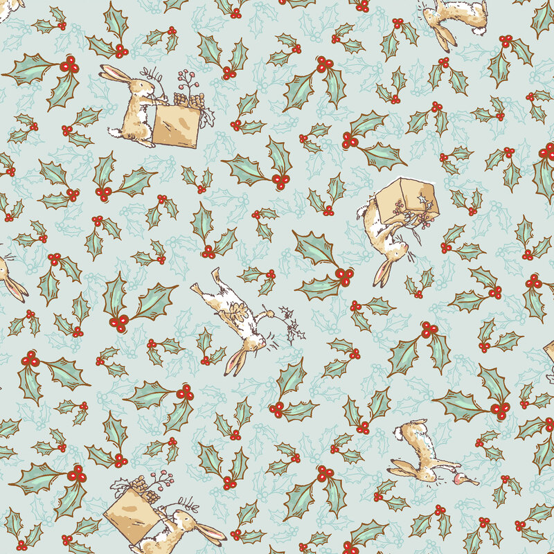 Arctic blue fabric with scattered red and green holly sprigs and the Little Nutbrown Hare packing Christmas boxes