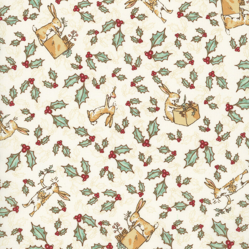 Cream fabric with scattered red and green holly sprigs and the Little Nutbrown Hare packing Christmas boxes