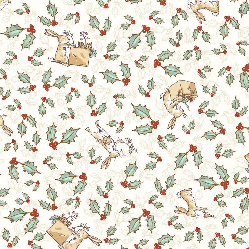 Cream fabric with scattered red and green holly sprigs and the Little Nutbrown Hare packing Christmas boxes