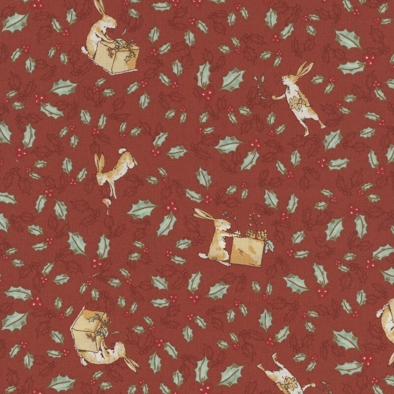 Cranberry red fabric with scattered red and green holly sprigs and the Little Nutbrown Hare packing Christmas boxes