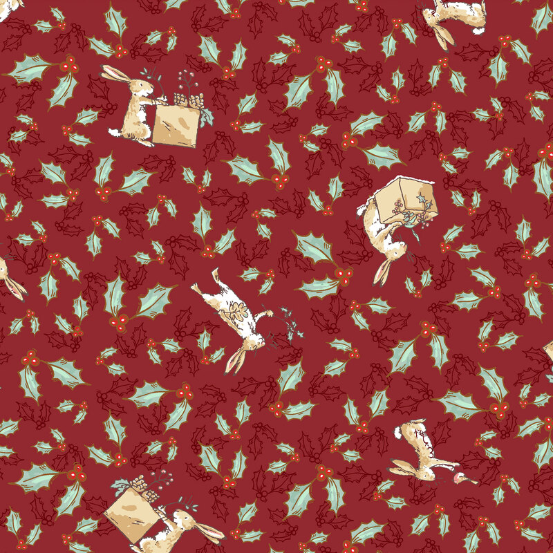 Cranberry red fabric with scattered red and green holly sprigs and the Little Nutbrown Hare packing Christmas boxes