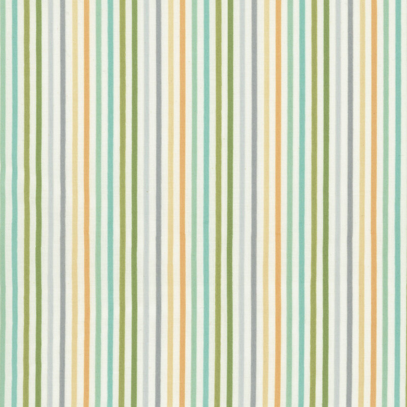 White striped fabric with light green, aqua, tan and gray.