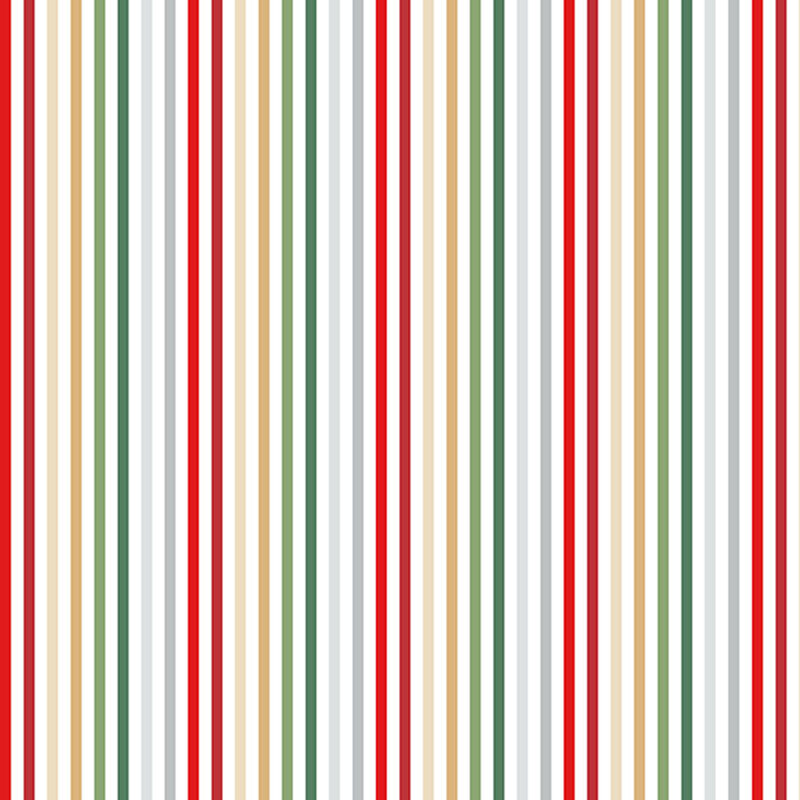 White striped fabric with holiday red, green, gold, and silver.