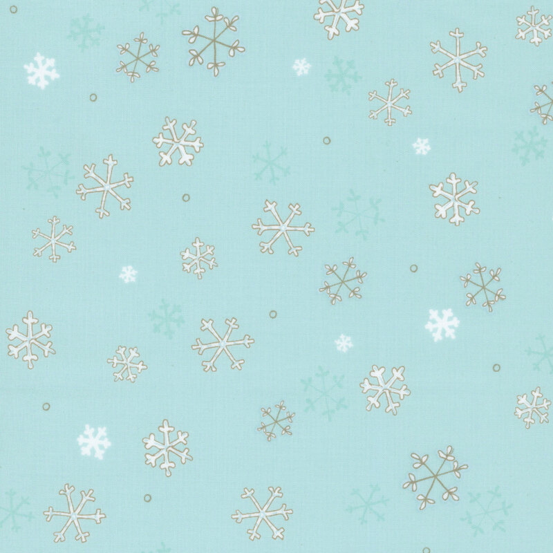 Arctic blue fabric with white and gray illustrated snowflakes