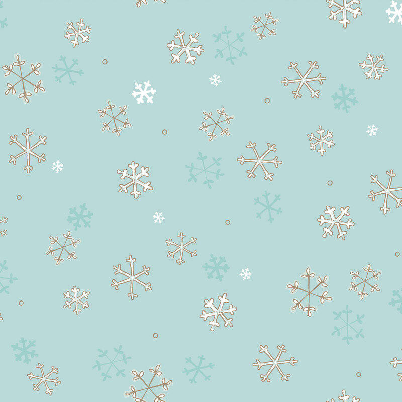 Arctic blue fabric with white and gray illustrated snowflakes