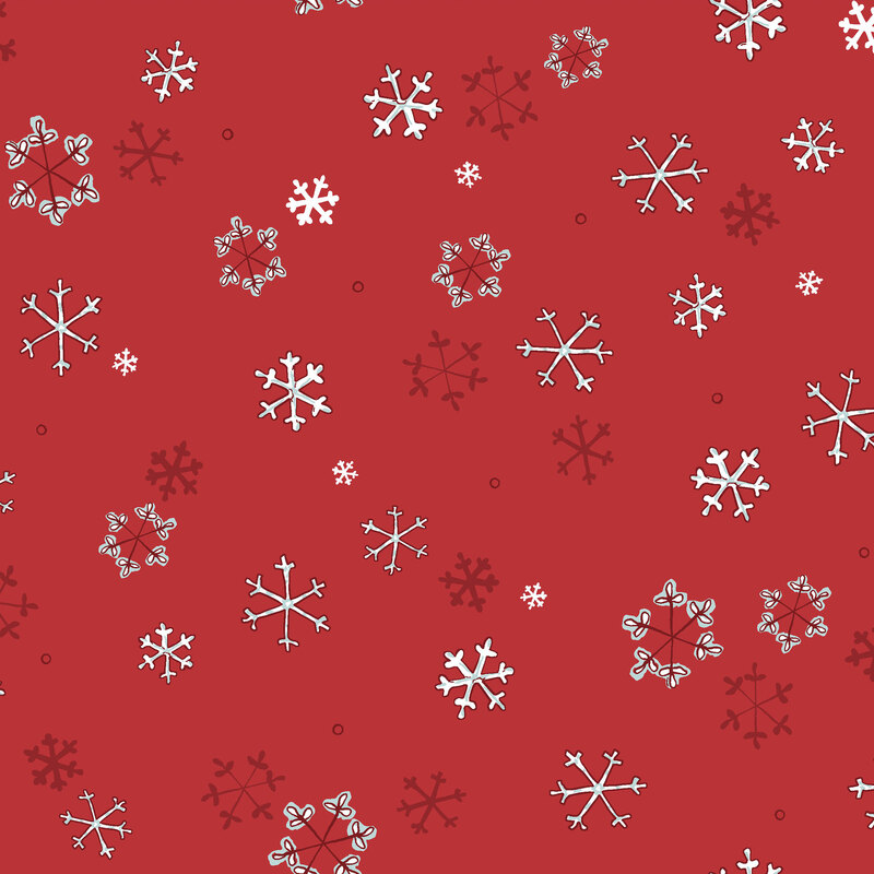 Christmas red fabric with white and dark red illustrated snowflakes