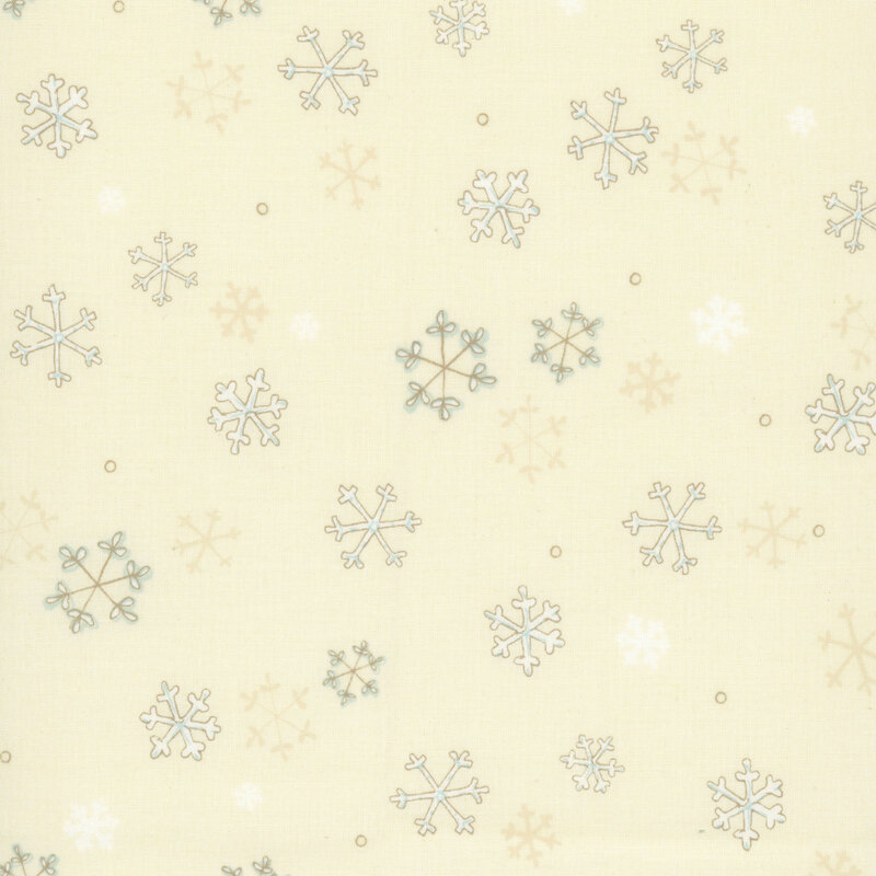 Cream beige red fabric with gray illustrated snowflakes