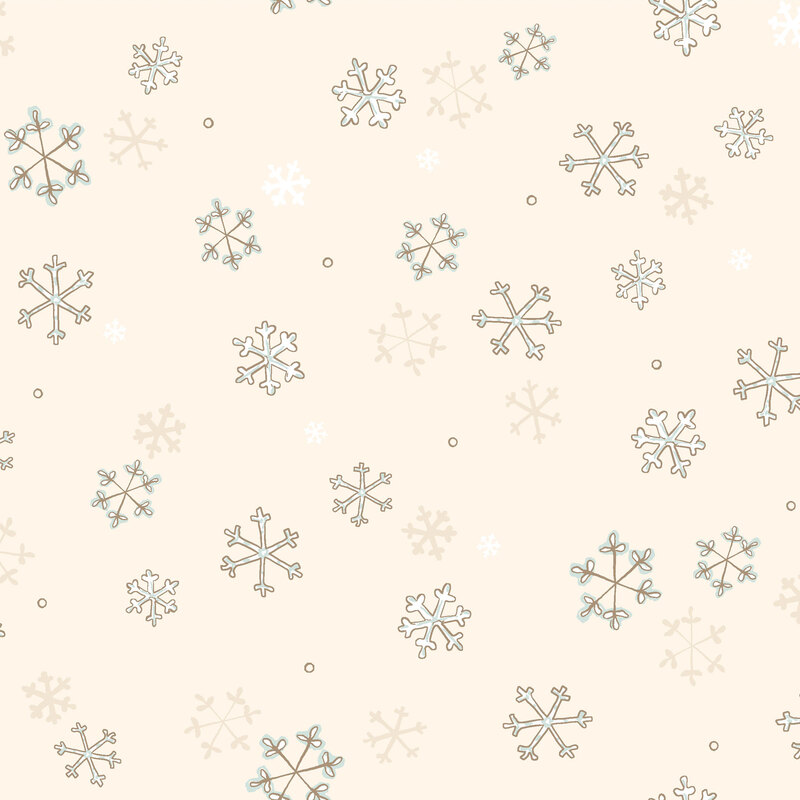 Cream beige red fabric with gray illustrated snowflakes