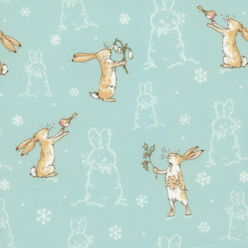 Robin egg blue fabric with the Little Nutbrown Hare, white outlines of bunny-snowmen and white snowflakes.