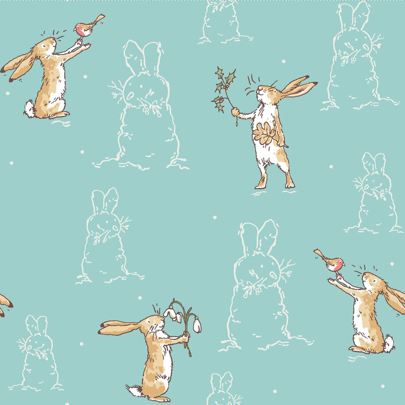 Robin egg blue fabric with the Little Nutbrown Hare, white outlines of bunny-snowmen and white snowflakes.
