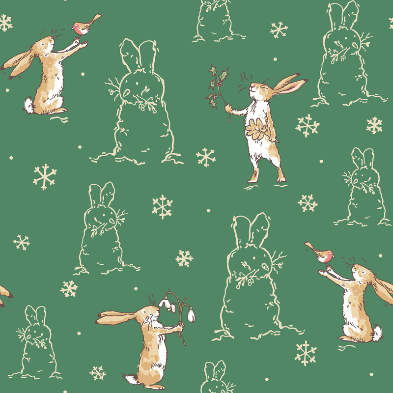 Christmas green fabric with the Little Nutbrown Hare, cream outlines of bunny-snowmen and off-white snowflakes.