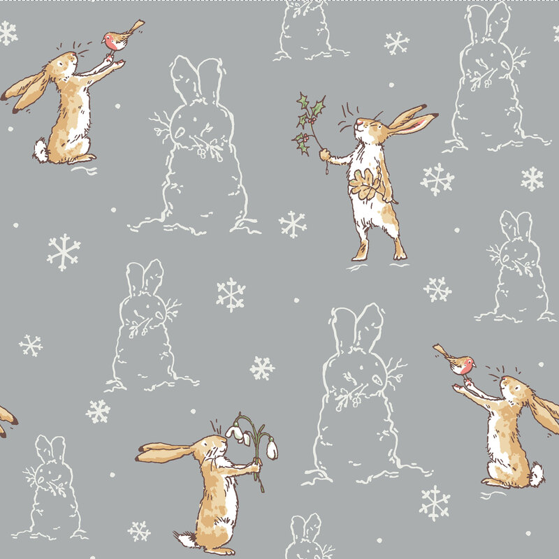 Slate gray fabric with a pattern of the Little Nutbrown Hare and white outlines of bunny-snowmen and snowflakes.