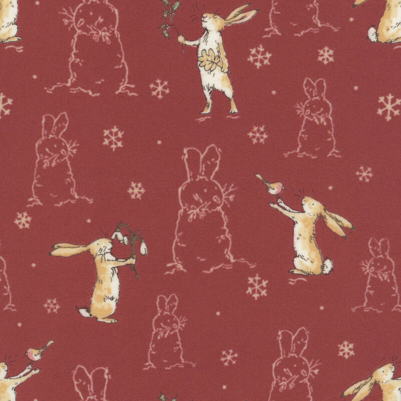 Cranberry red fabric with the Little Nutbrown Hare, white outlines of bunny-snowmen and white snowflakes.