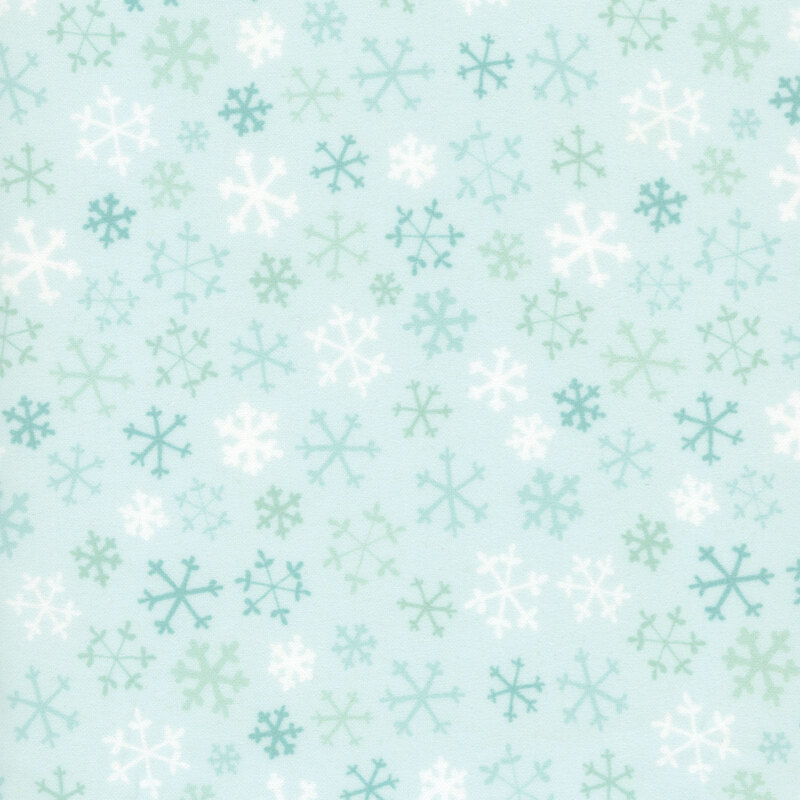 Pastel aquamarine fabric with turquoise, teal, and white snowflakes