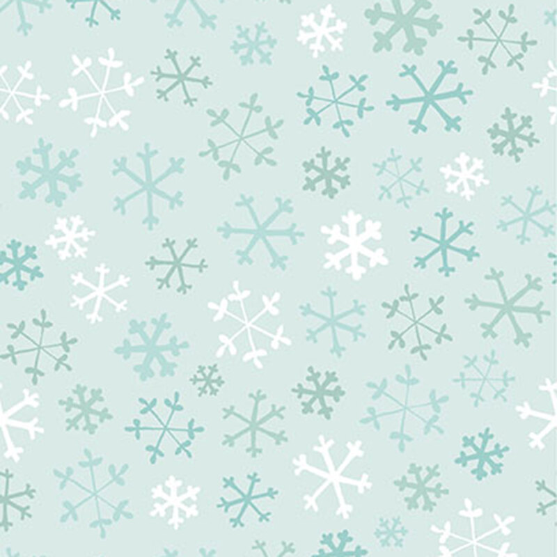 Pastel aquamarine fabric with turquoise, teal, and white snowflakes