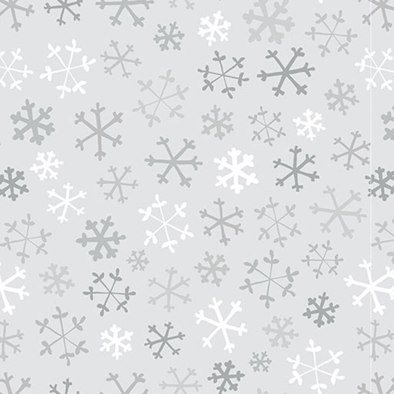 Light gray fabric with dark grey and white snowflakes.
