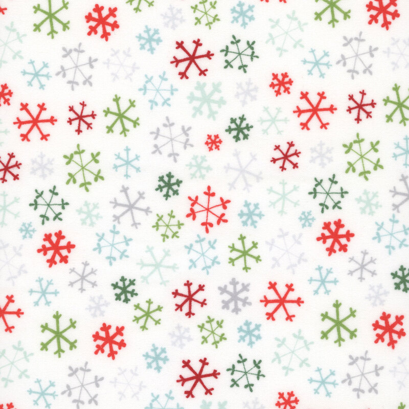White fabric with gray, red, green, and aquamarine scattered snowflakes