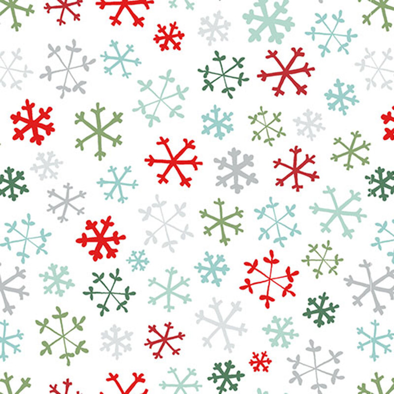 White fabric with gray, red, green, and aquamarine scattered snowflakes