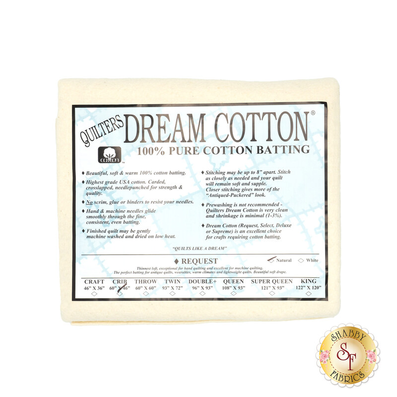 Crib sized batting for Quilter's Dream Cotton Batting, detailing composition, sizes, and usage instructions, isolated on a white background.