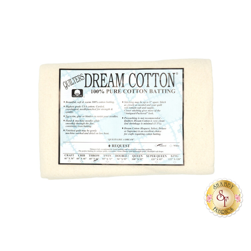 Throw sized batting for Quilter's Dream Cotton Batting, detailing composition, sizes, and usage instructions, isolated on a white background.