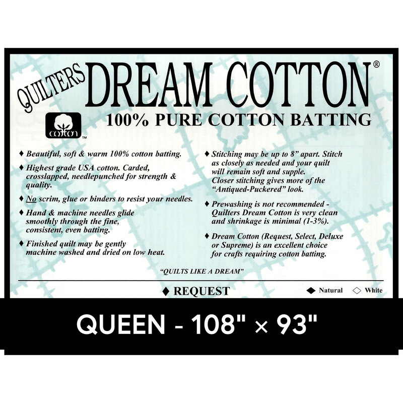 Cover sheet for Quilter's Dream Cotton Batting, detailing composition, sizes, and usage instructions.