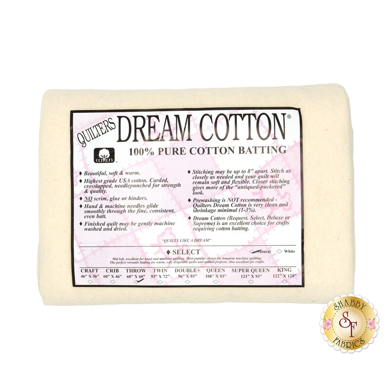 Throw sized batting for Quilter's Dream Cotton Batting, detailing composition, sizes, and usage instructions, isolated on a white background.