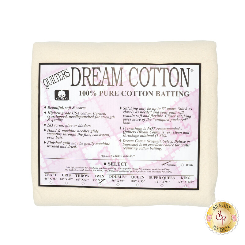 Twin sized batting for Quilter's Dream Cotton Batting, detailing composition, sizes, and usage instructions, isolated on a white background.