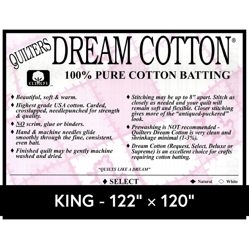 Cover sheet for Quilter's Dream Cotton Batting, detailing composition, sizes, and usage instructions.