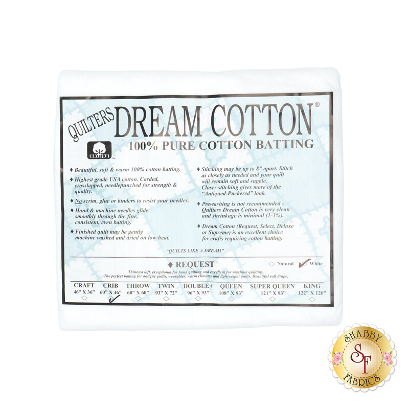 Crib sized batting for Quilter's Dream White Dream Cotton Request Batting, detailing composition, sizes, and usage instructions, isolated on a white background.