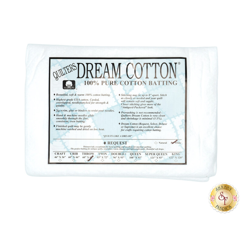 Throw sized batting for Quilter's Dream White Dream Cotton Request Batting, detailing composition, sizes, and usage instructions, isolated on a white background.