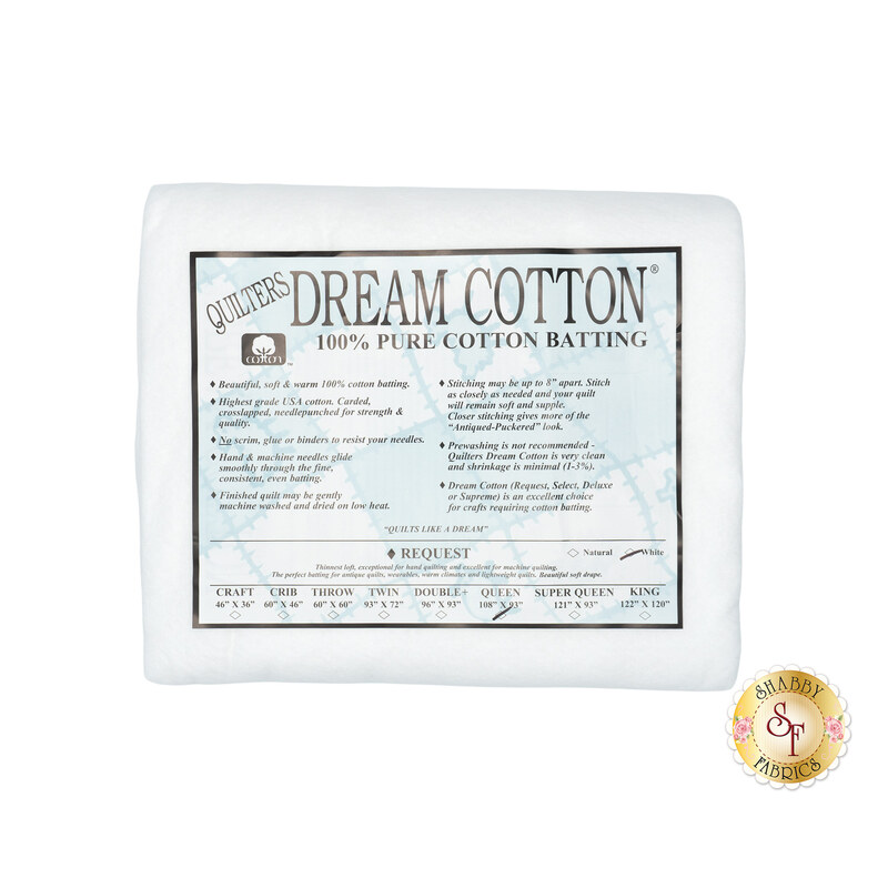 Queen sized batting for Quilter's Dream White Dream Cotton Request Batting, detailing composition, sizes, and usage instructions, isolated on a white background.