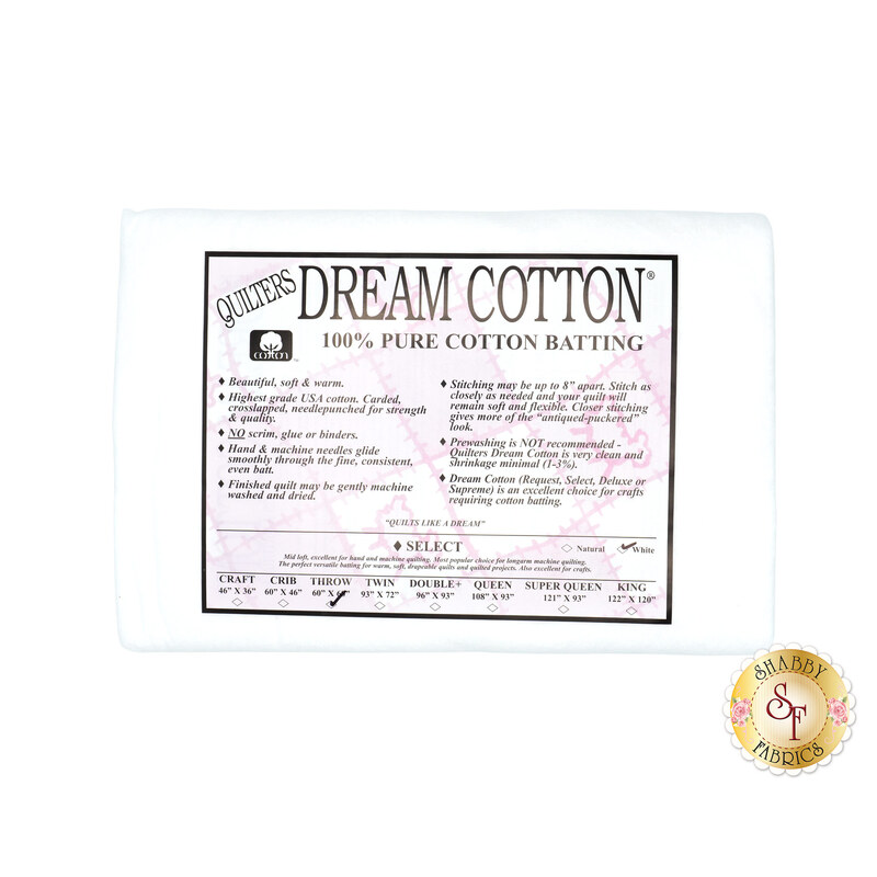 Throw sized batting for Quilter's Dream White Dream Cotton Select Batting, detailing composition, sizes, and usage instructions, isolated on a white background.