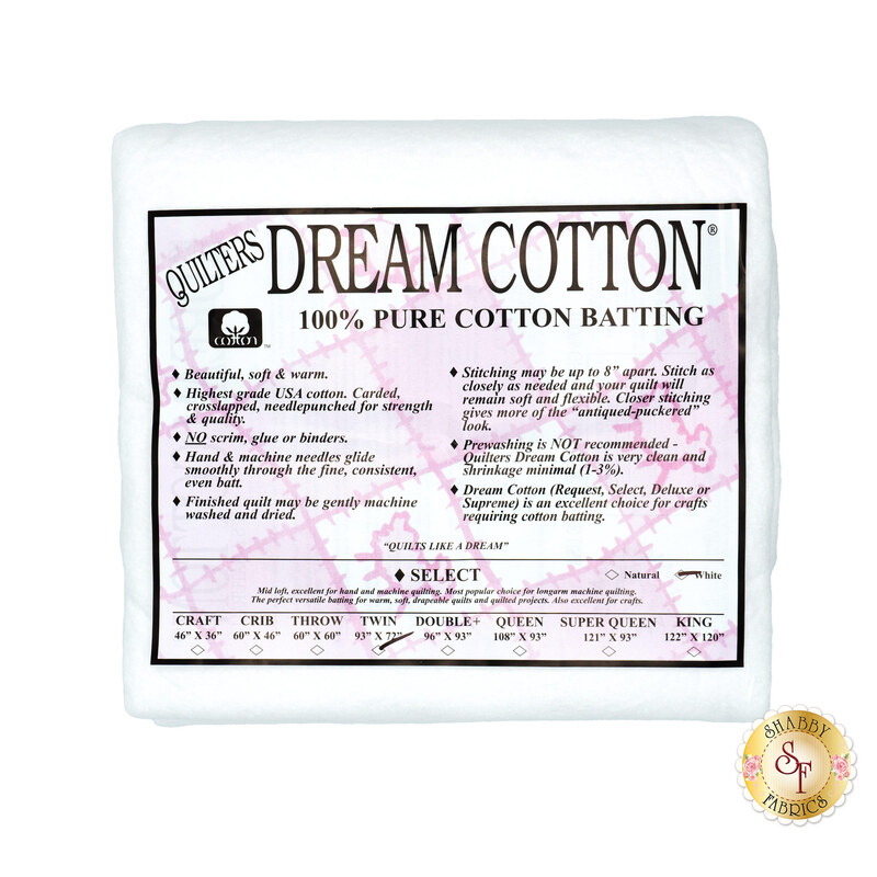 Twin sized batting for Quilter's Dream Cotton Batting, detailing composition, sizes, and usage instructions, isolated on a white background.