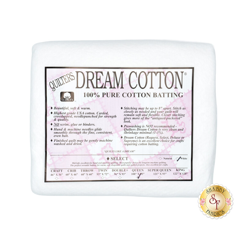 Queen sized batting for Quilter's Dream White Dream Cotton Select Batting, detailing composition, sizes, and usage instructions, isolated on a white background.
