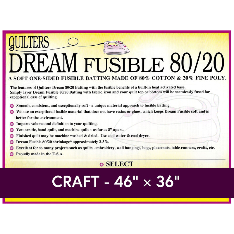 Cover sheet for Quilter's Dream Fusible 80/20 Batting, detailing composition, sizes, and usage instructions.