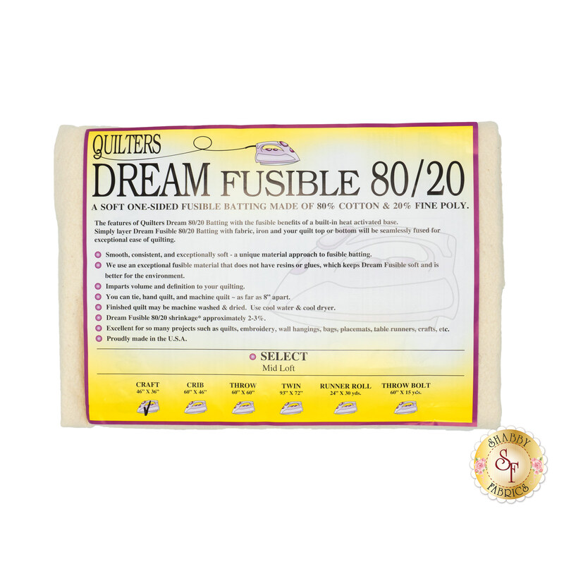 Craft sized batting for Quilter's Dream Fusible Batting, detailing composition, sizes, and usage instructions, isolated on a white background.