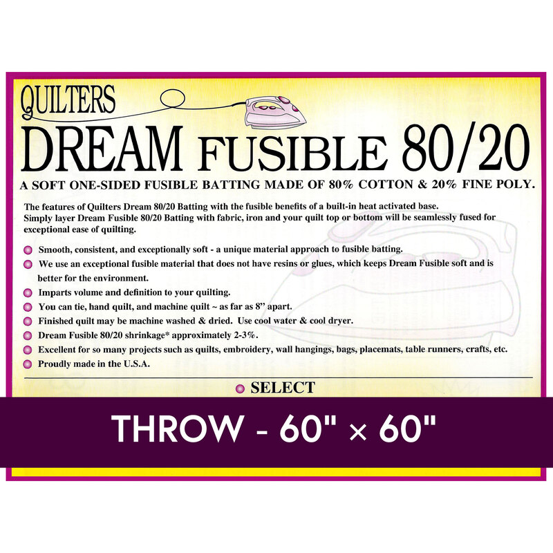Cover sheet for Quilter's Dream Fusible 80/20 Batting, detailing composition, sizes, and usage instructions.