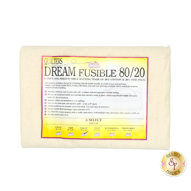 Throw sized batting for Quilter's Dream Fusible Batting, detailing composition, sizes, and usage instructions, isolated on a white background.