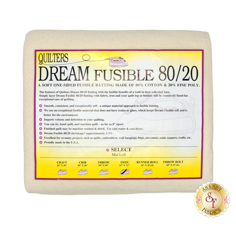 Twin sized batting for Quilter's Dream Fusible 80/20 Batting, detailing composition, sizes, and usage instructions, isolated on a white background.