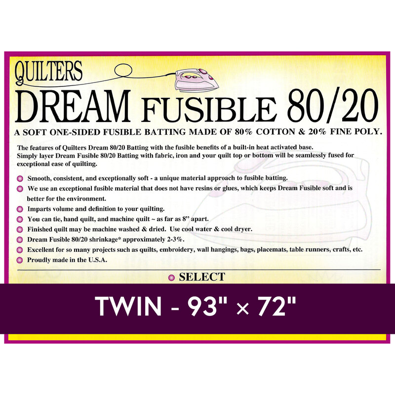 Cover sheet for Quilter's Dream Fusible 80/20 Batting, detailing composition, sizes, and usage instructions.