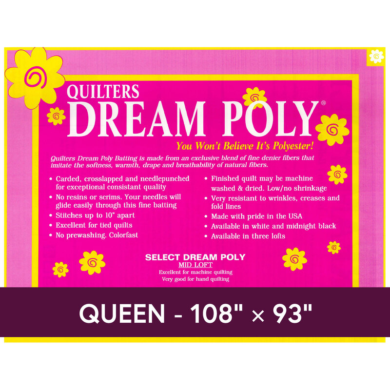 Cover sheet for Quilter's Dream Poly Batting, detailing composition, sizes, and usage instructions.