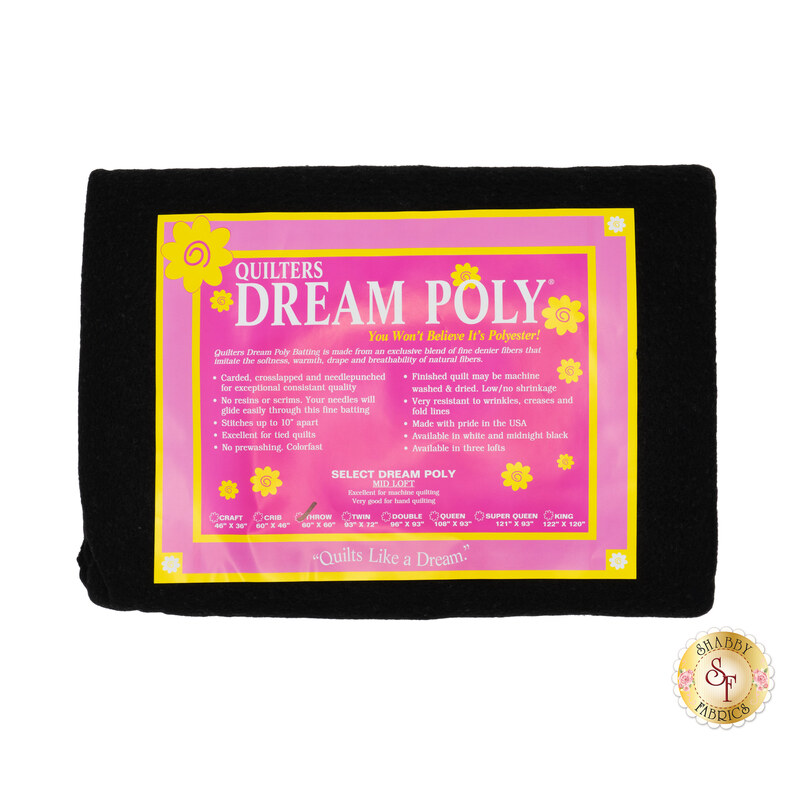 Throw sized batting for Quilter's Dream Poly Batting, detailing composition, sizes, and usage instructions, isolated on a white background.