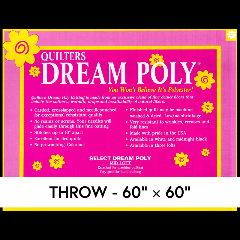 Cover sheet for Quilter's Dream Poly Batting, detailing composition, sizes, and usage instructions.
