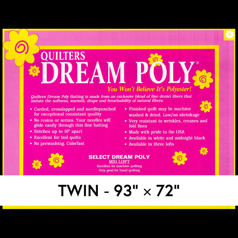 Cover sheet for Quilter's Dream Poly Batting, detailing composition, sizes, and usage instructions.