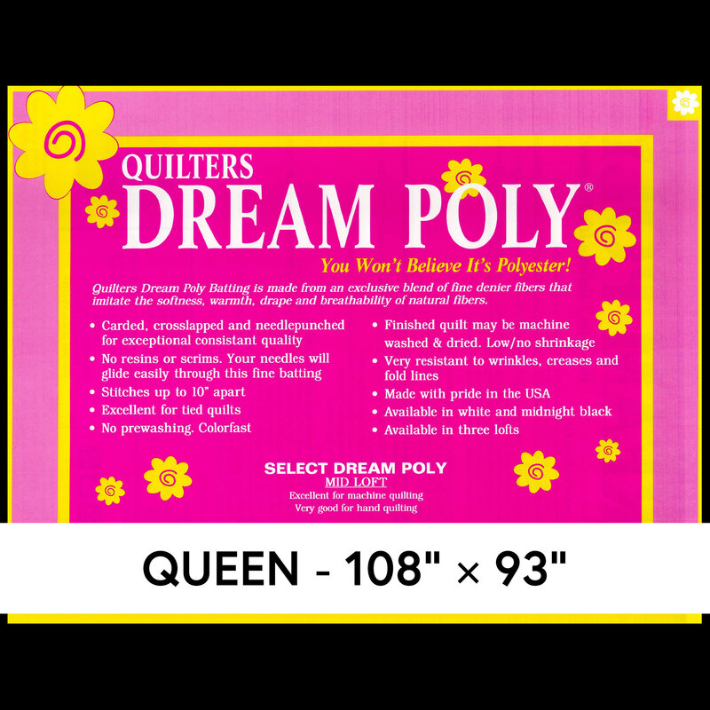 Cover sheet for Quilter's Dream Poly Batting, detailing composition, sizes, and usage instructions.