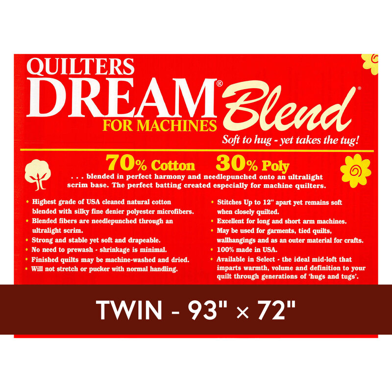 Cover sheet for Quilter's Dream Blend for Machines Batting, detailing composition, sizes, and usage instructions.