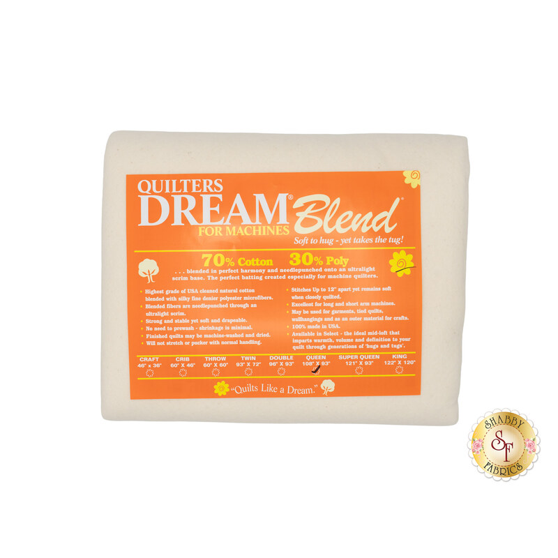 Queen sized batting from Quilter's Dream Dream Blend for Machines Select Batting, detailing composition, sizes, and usage instructions, isolated on a white background.
