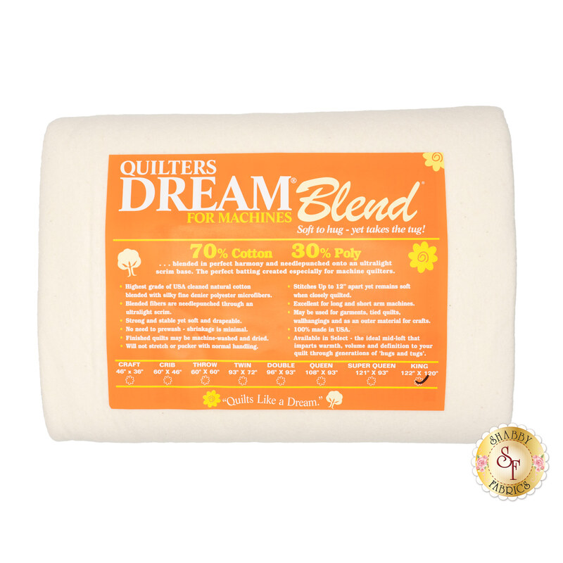 King sized batting for Quilter's Dream Blend Batting, detailing composition, sizes, and usage instructions, isolated on a white background.