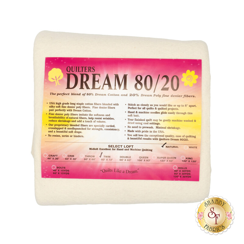 Twin sized batting for Quilter's Dream 80/20 Batting, detailing composition, sizes, and usage instructions, isolated on a white background.
