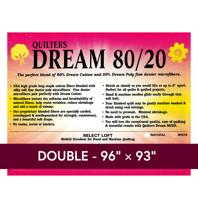 Cover sheet for Quilter's Dream 80/20 Batting, detailing composition, sizes, and usage instructions.